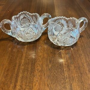Antique Creamer & Sugar Bowl AB‎ Brilliant Heavy Cut Crystal Saw Tooth Hobstar